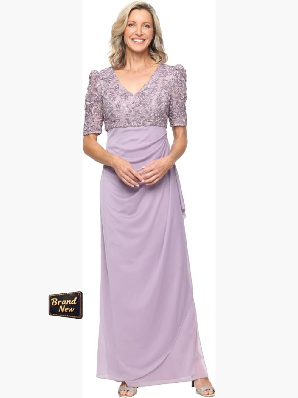 Long A-Line Gown with Sequin Bodice Empire Waist Puff Sleeve Zipper Lined Nylon